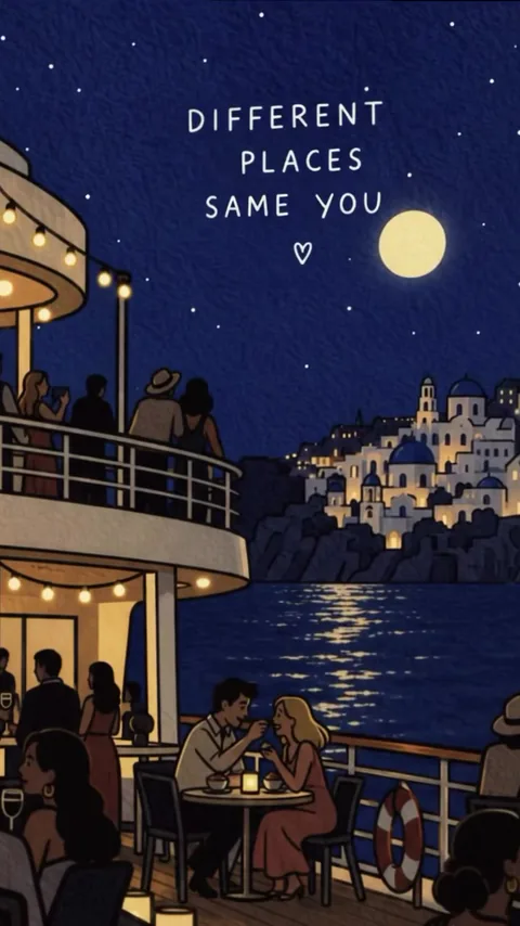Different places same you · Santorini, Greece — the caldera, from a ship's deck