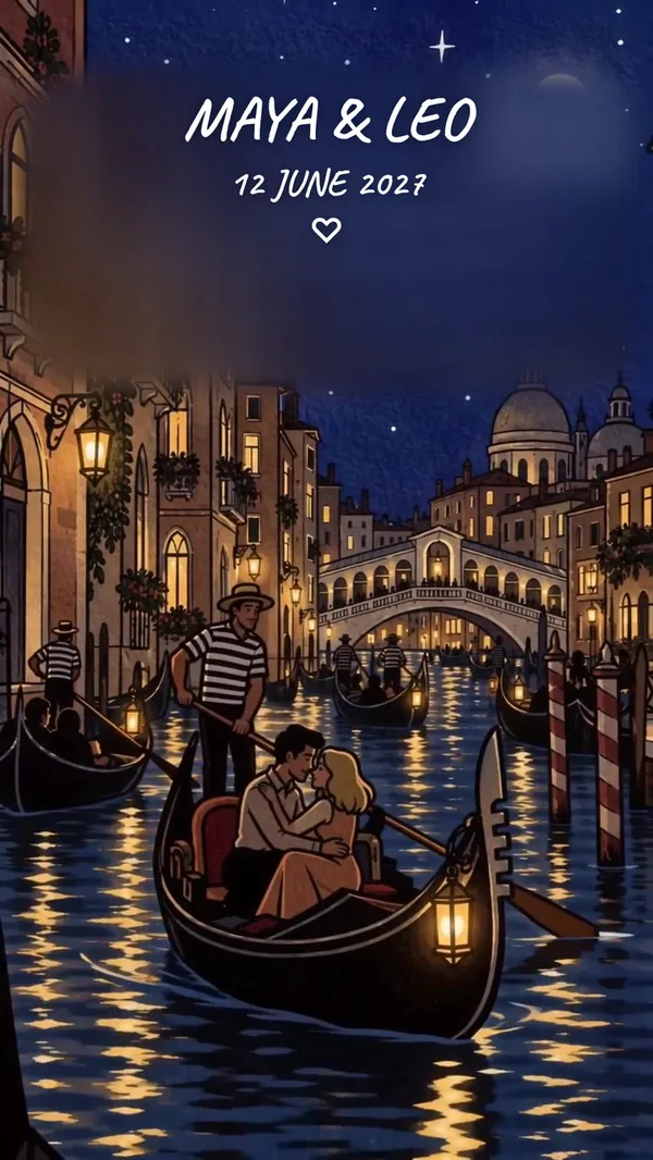 sample: names and a date lettered over the Venice scene (the series couple stands in)